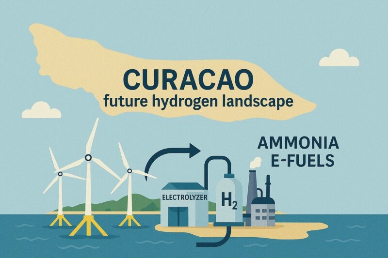 Curacao future hydrogen landscape with wind turbines and electrolyzer