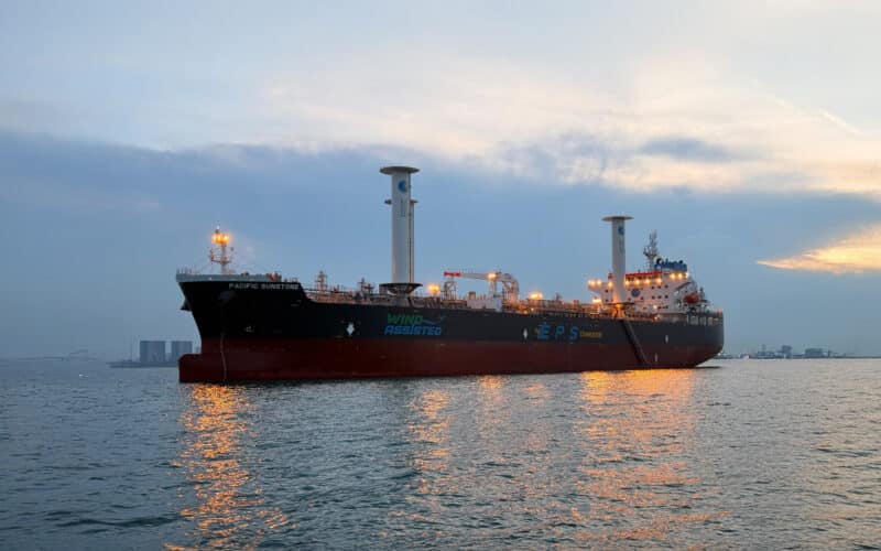 Pacific Sunstone wind-assisted EPS tanker ship at dusk