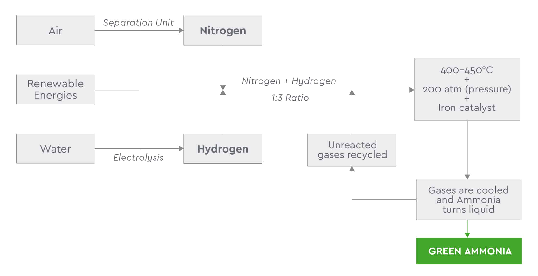 Flowchart showing green ammonia production from nitrogen and hydrogen
